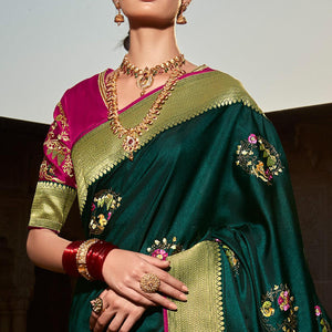 Dark Green Festive Wear Floral Woven With Emrboidered Silk Saree