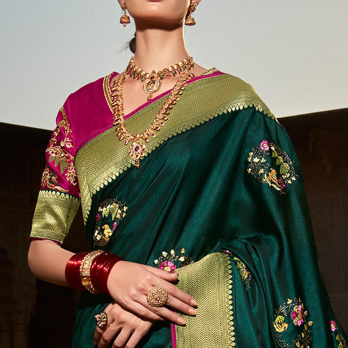 Dark Green Festive Wear Floral Woven With Emrboidered Silk Saree