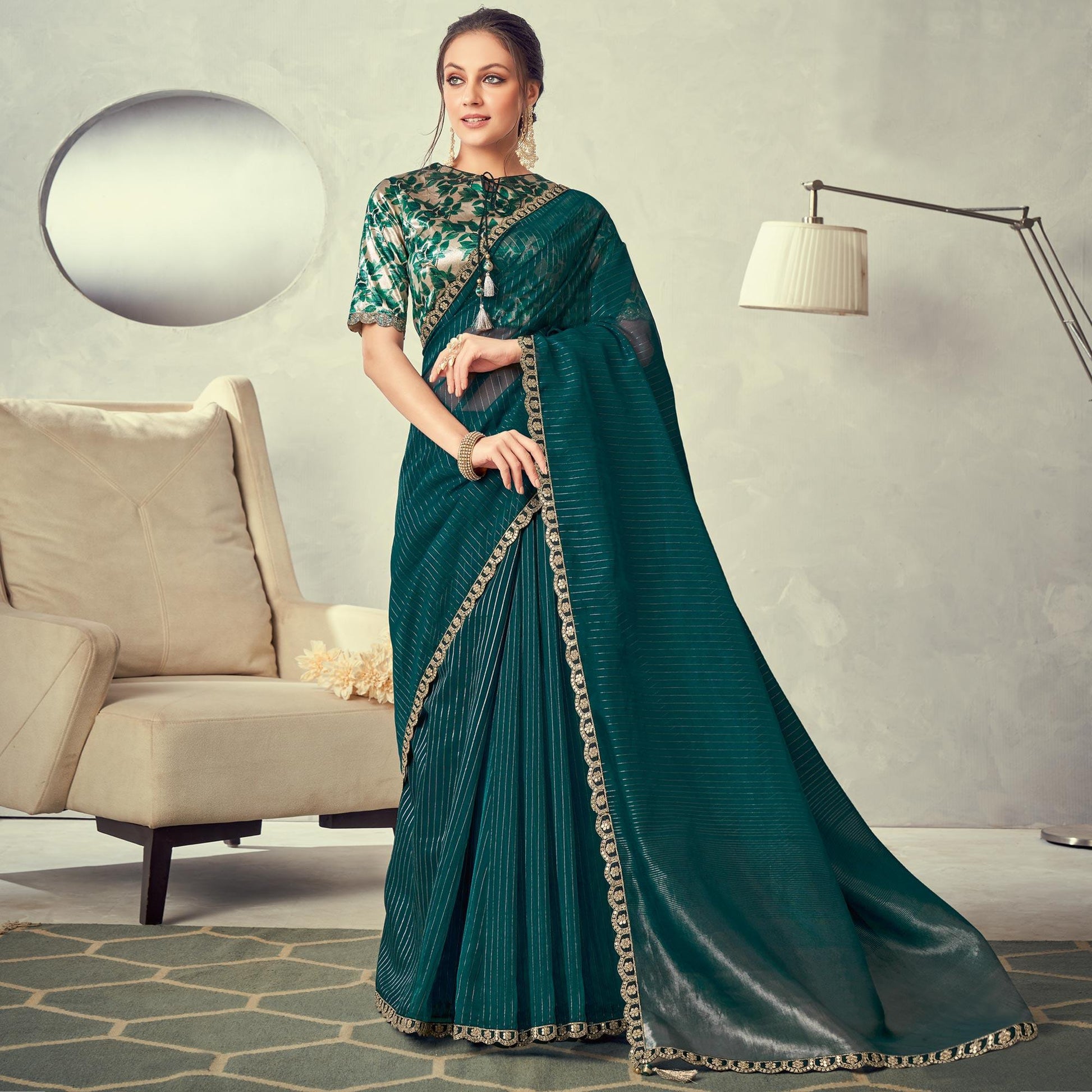 Dark Green Festive Wear Lace Border Weaved Organza Saree