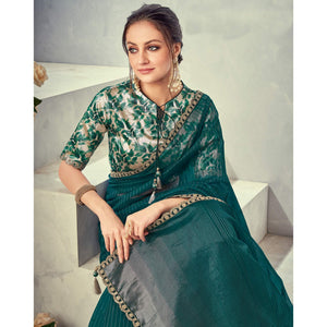 Dark Green Festive Wear Lace Border Weaved Organza Saree