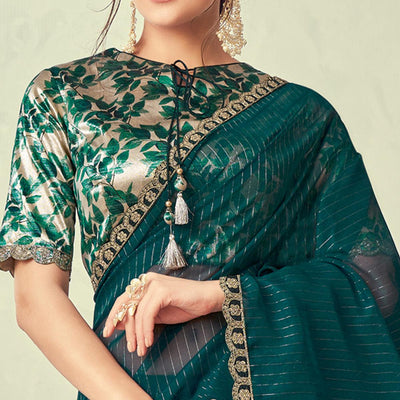 Dark Green Festive Wear Lace Border Weaved Organza Saree