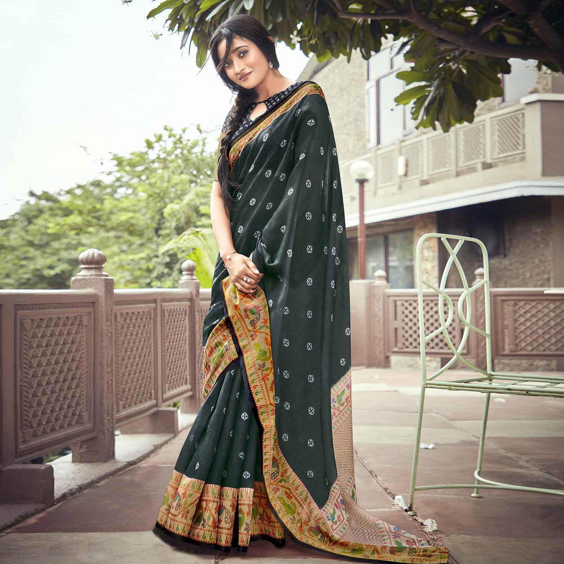 Dark Green festive Wear Printed Linen Saree With Border