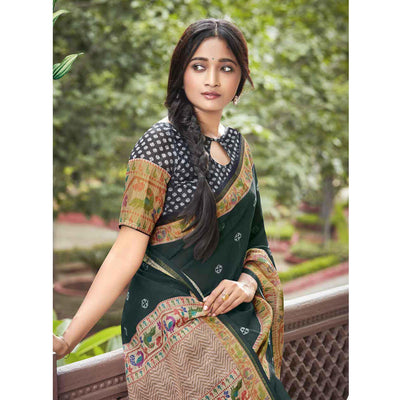 Dark Green festive Wear Printed Linen Saree With Border