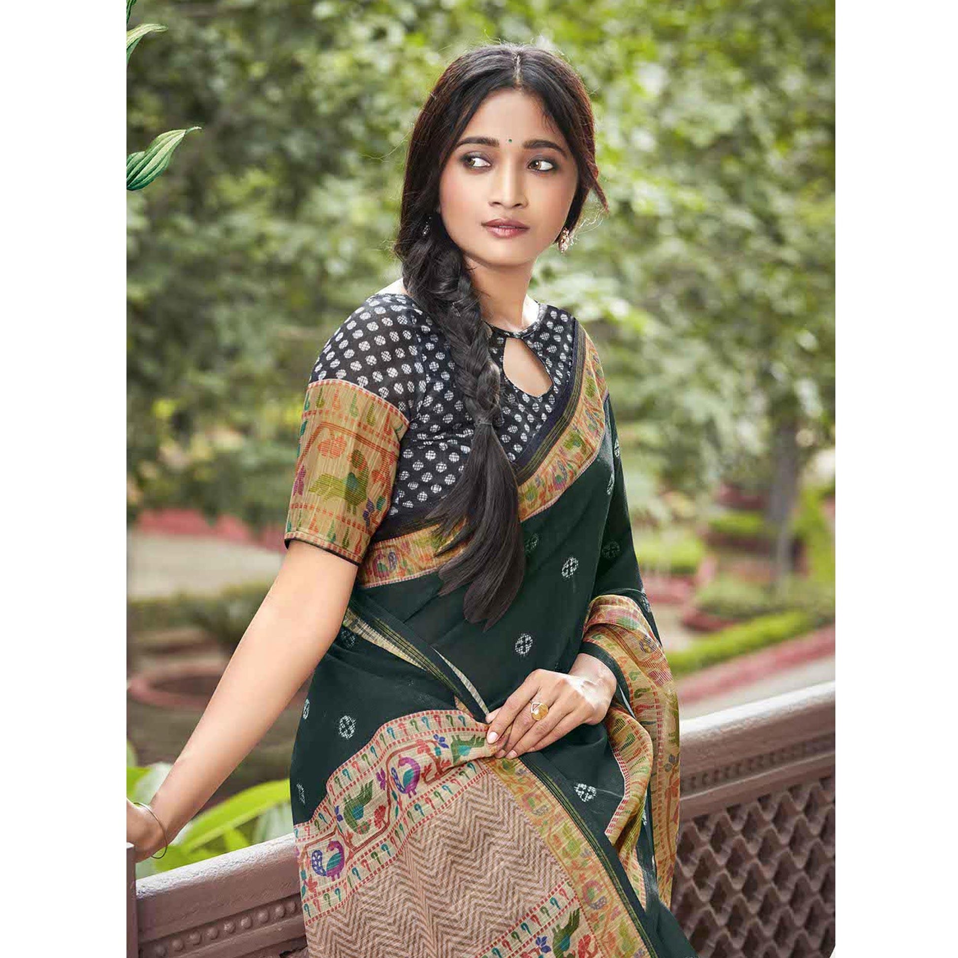 Dark Green festive Wear Printed Linen Saree With Border
