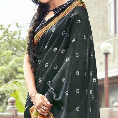 Dark Green festive Wear Printed Linen Saree With Border