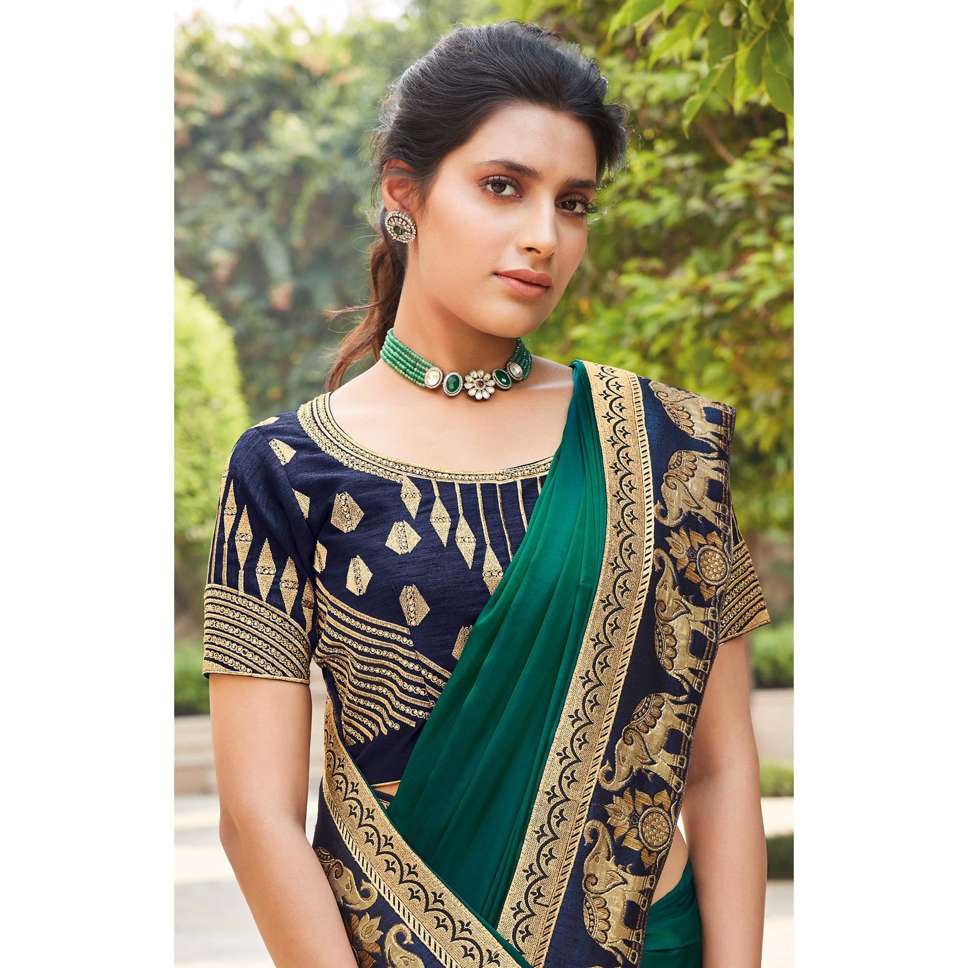 Dark Green Festive Wear Woven Silk Saree With Border