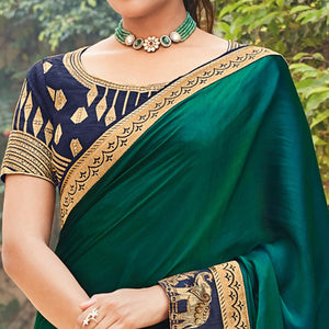 Dark Green Festive Wear Woven Silk Saree With Border