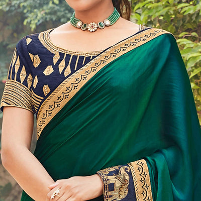 Dark Green Festive Wear Woven Silk Saree With Border