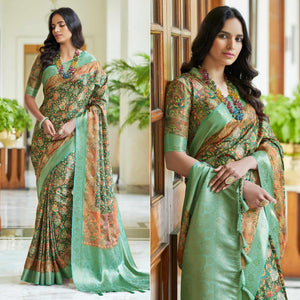 Dark Green Floral Digital Printed With Woven Border Art Silk Saree