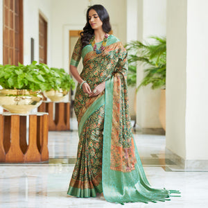 Dark Green Floral Digital Printed With Woven Border Art Silk Saree