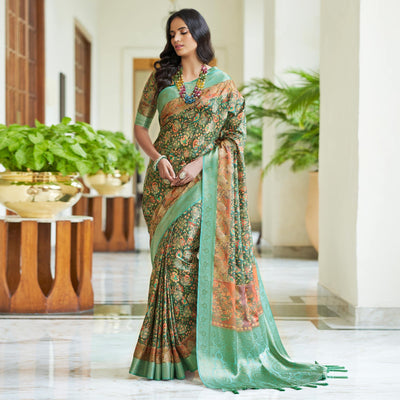 Dark Green Floral Digital Printed With Woven Border Art Silk Saree
