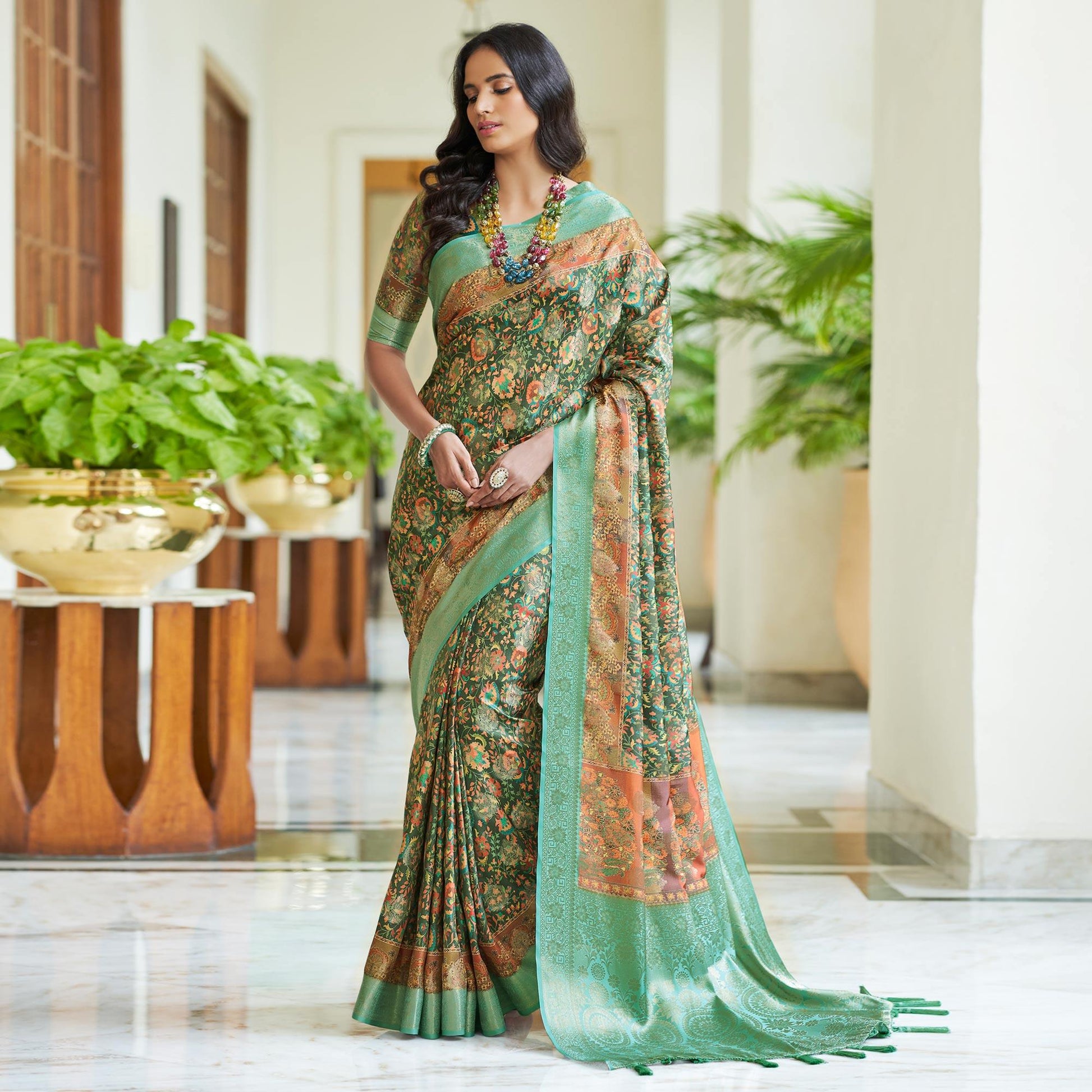 Dark Green Floral Digital Printed With Woven Border Art Silk Saree