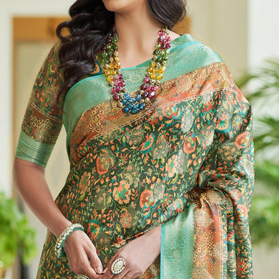 Dark Green Floral Digital Printed With Woven Border Art Silk Saree