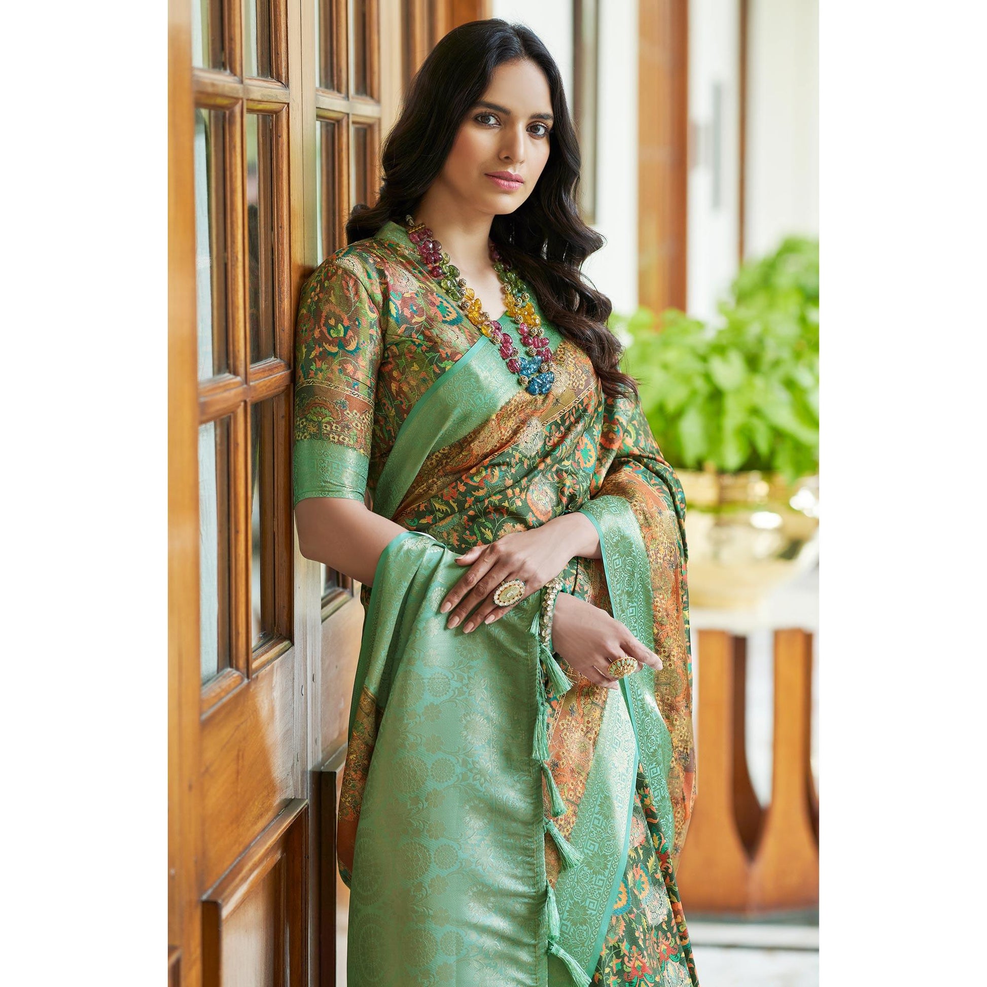 Dark Green Floral Digital Printed With Woven Border Art Silk Saree