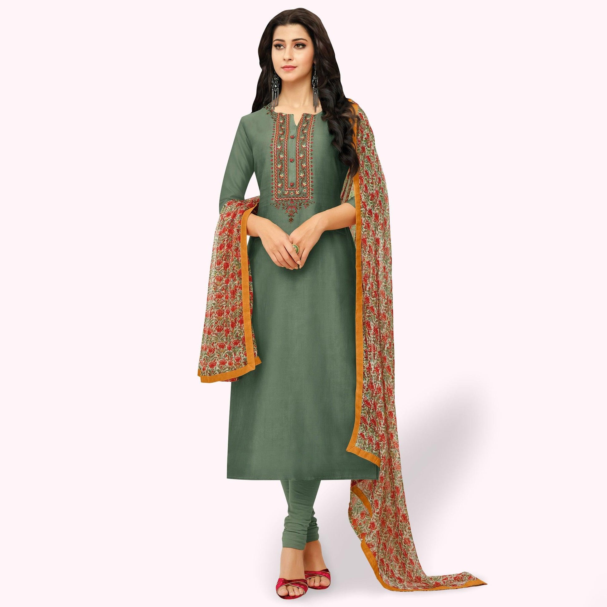 Dark Green Floral Embroidered Chanderi Salwar Suit