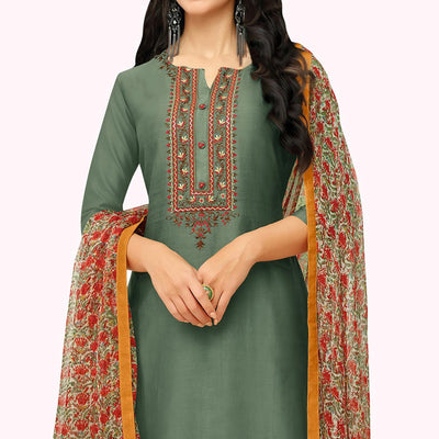 Dark Green Floral Embroidered Chanderi Salwar Suit