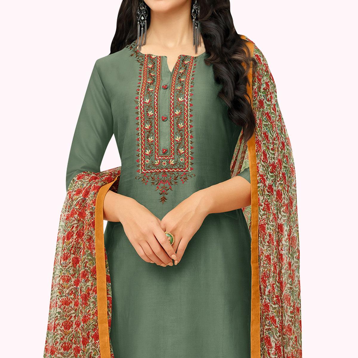 Dark Green Floral Embroidered Chanderi Salwar Suit