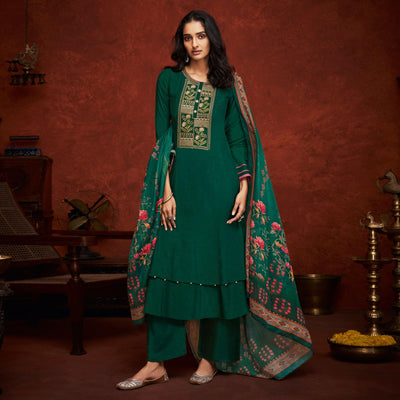 Dark Green Floral Embroidery With Print Pure Viscose Partywear Suit