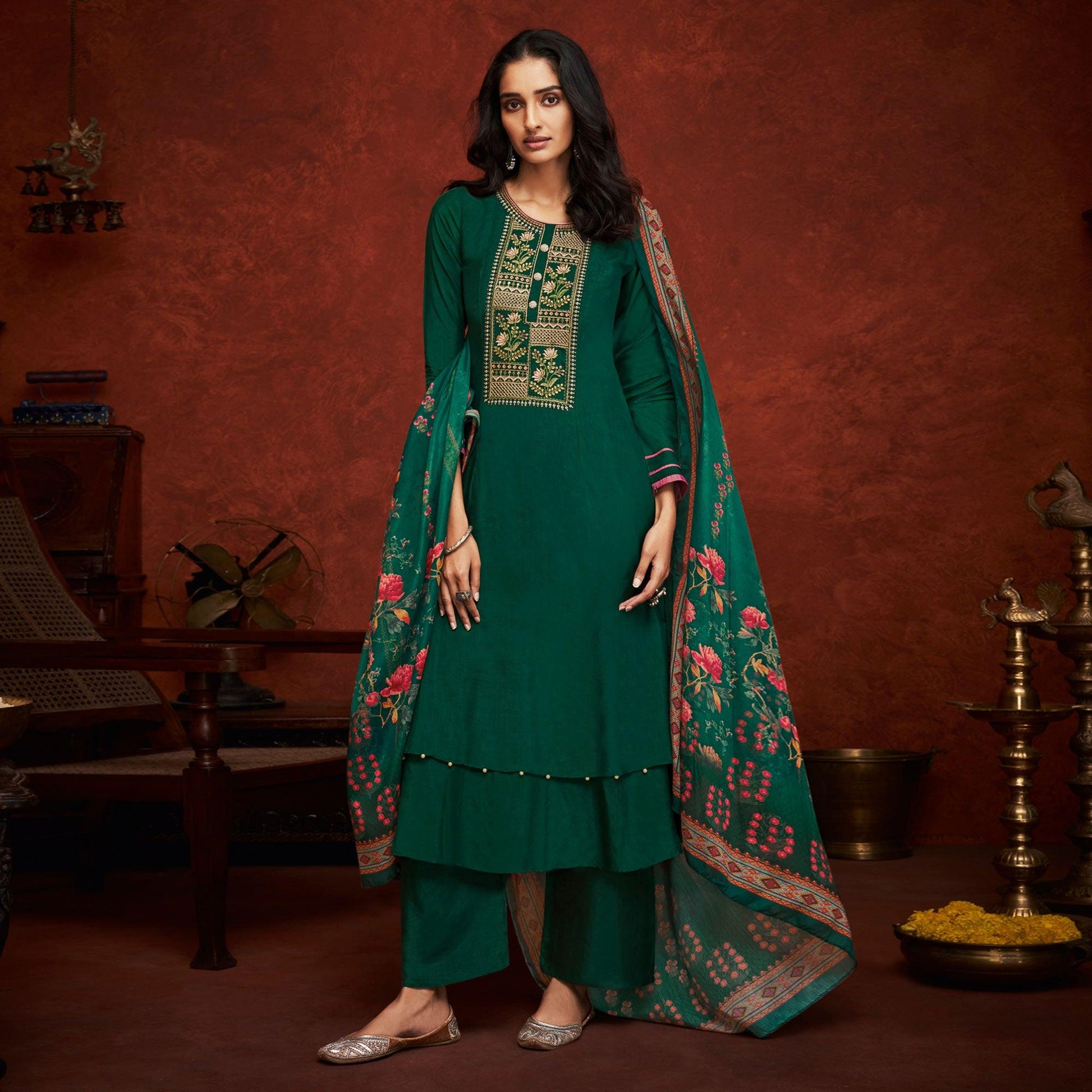 Dark Green Floral Embroidery With Print Pure Viscose Partywear Suit