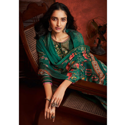 Dark Green Floral Embroidery With Print Pure Viscose Partywear Suit