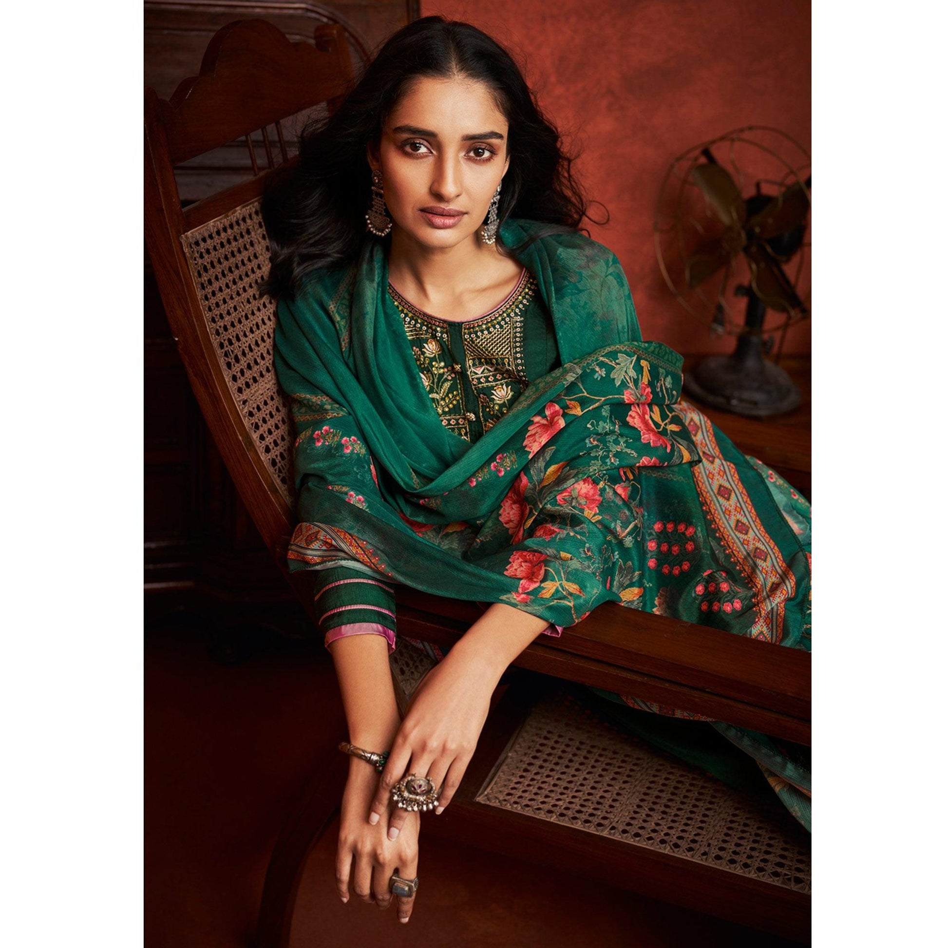 Dark Green Floral Embroidery With Print Pure Viscose Partywear Suit