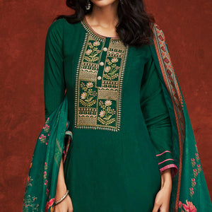 Dark Green Floral Embroidery With Print Pure Viscose Partywear Suit