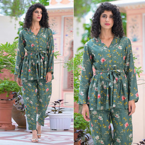Dark Green Floral Printed Muslin Top Bottom Set