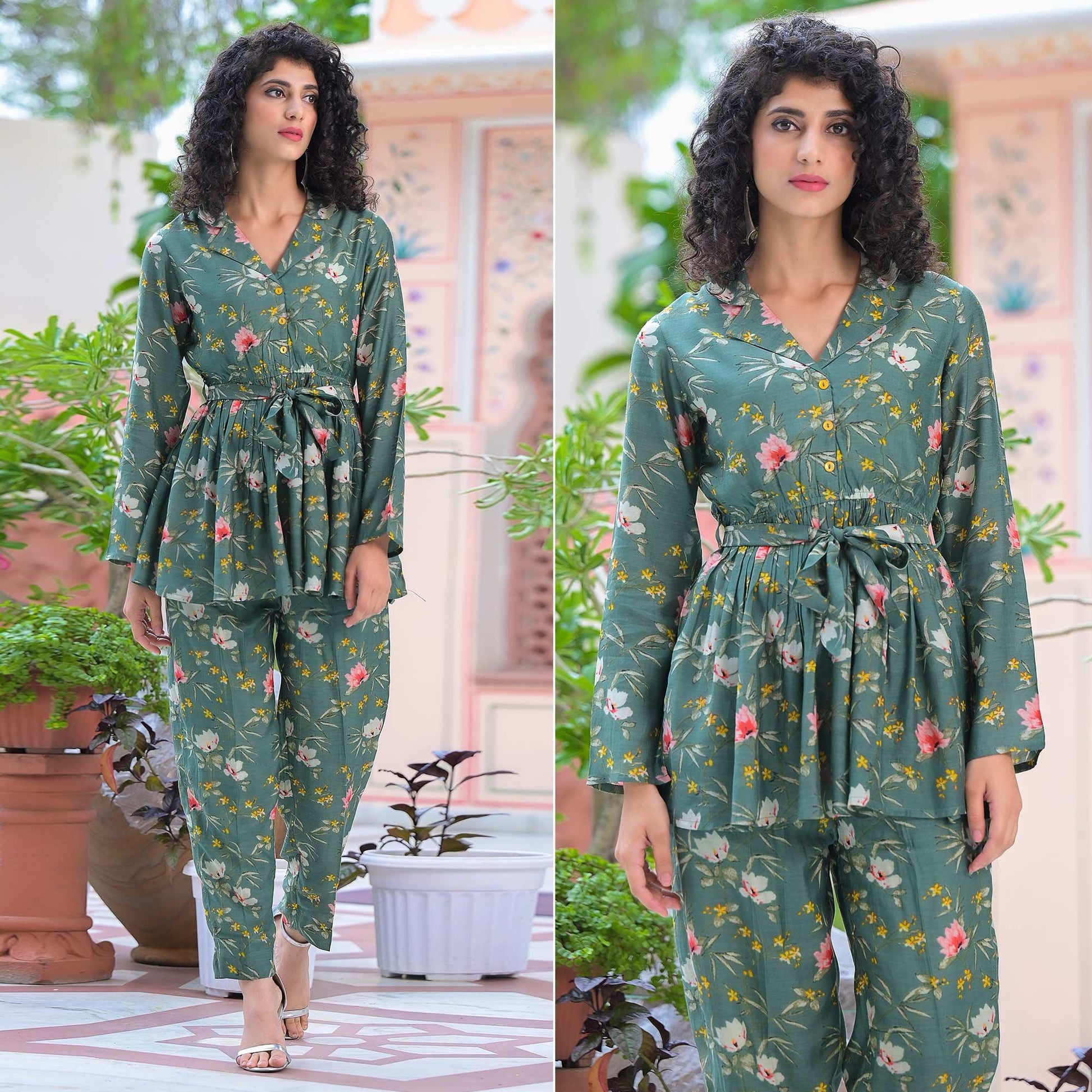 Dark Green Floral Printed Muslin Top Bottom Set