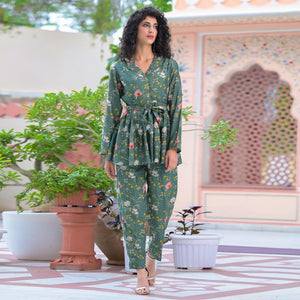 Dark Green Floral Printed Muslin Top Bottom Set
