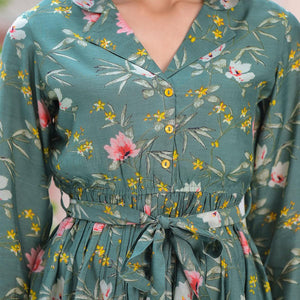 Dark Green Floral Printed Muslin Top Bottom Set