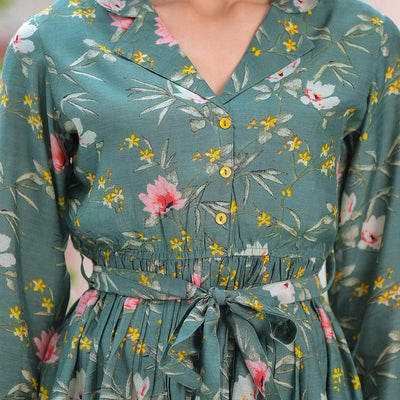 Dark Green Floral Printed Muslin Top Bottom Set