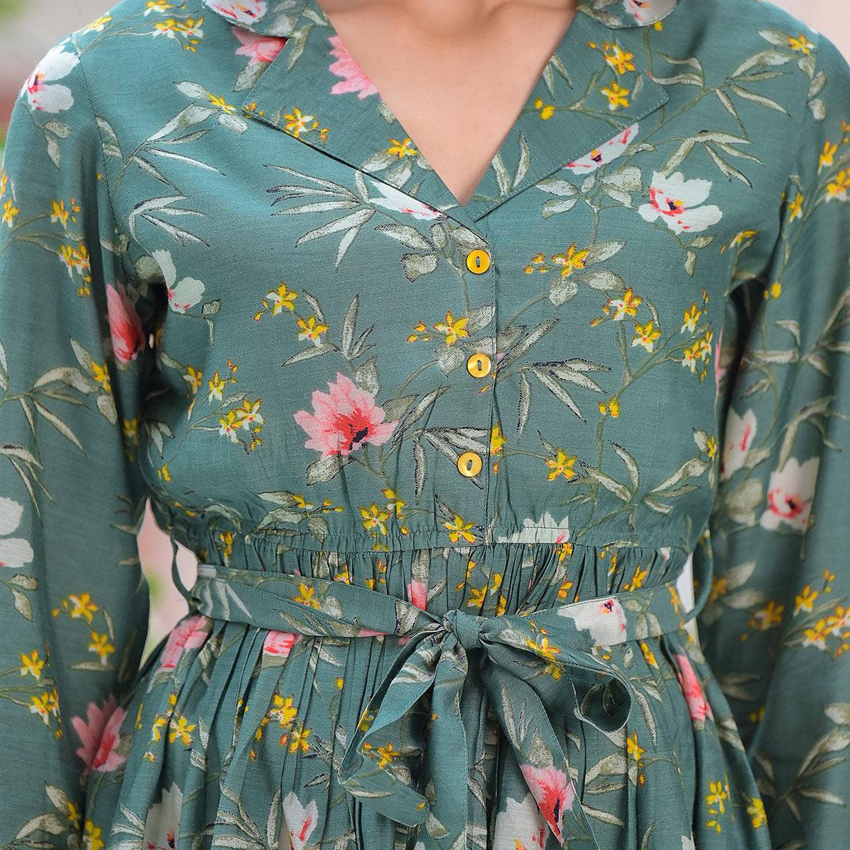 Dark Green Floral Printed Muslin Top Bottom Set