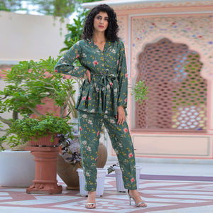 Dark Green Floral Printed Muslin Top Bottom Set