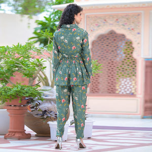 Dark Green Floral Printed Muslin Top Bottom Set