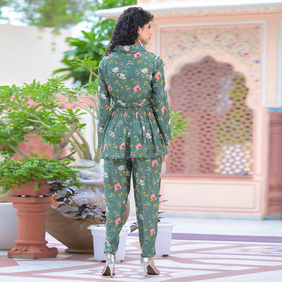 Dark Green Floral Printed Muslin Top Bottom Set
