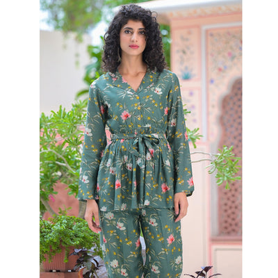 Dark Green Floral Printed Muslin Top Bottom Set