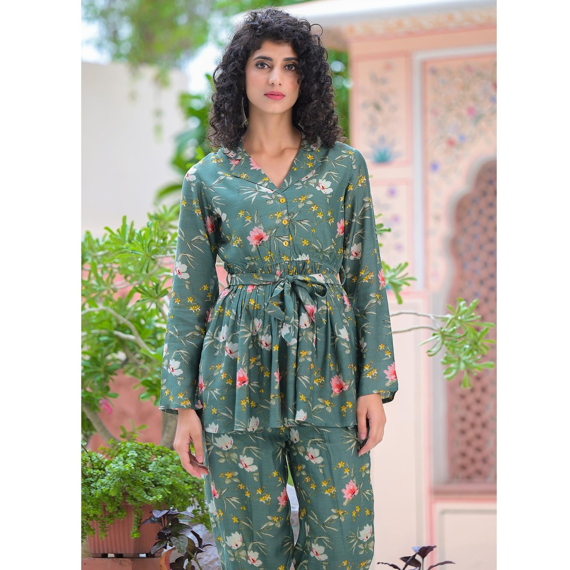 Dark Green Floral Printed Muslin Top Bottom Set