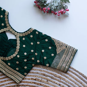 Dark Green Golden Embroidered Blouse with Sequins – Caterpillar Silk Elegance