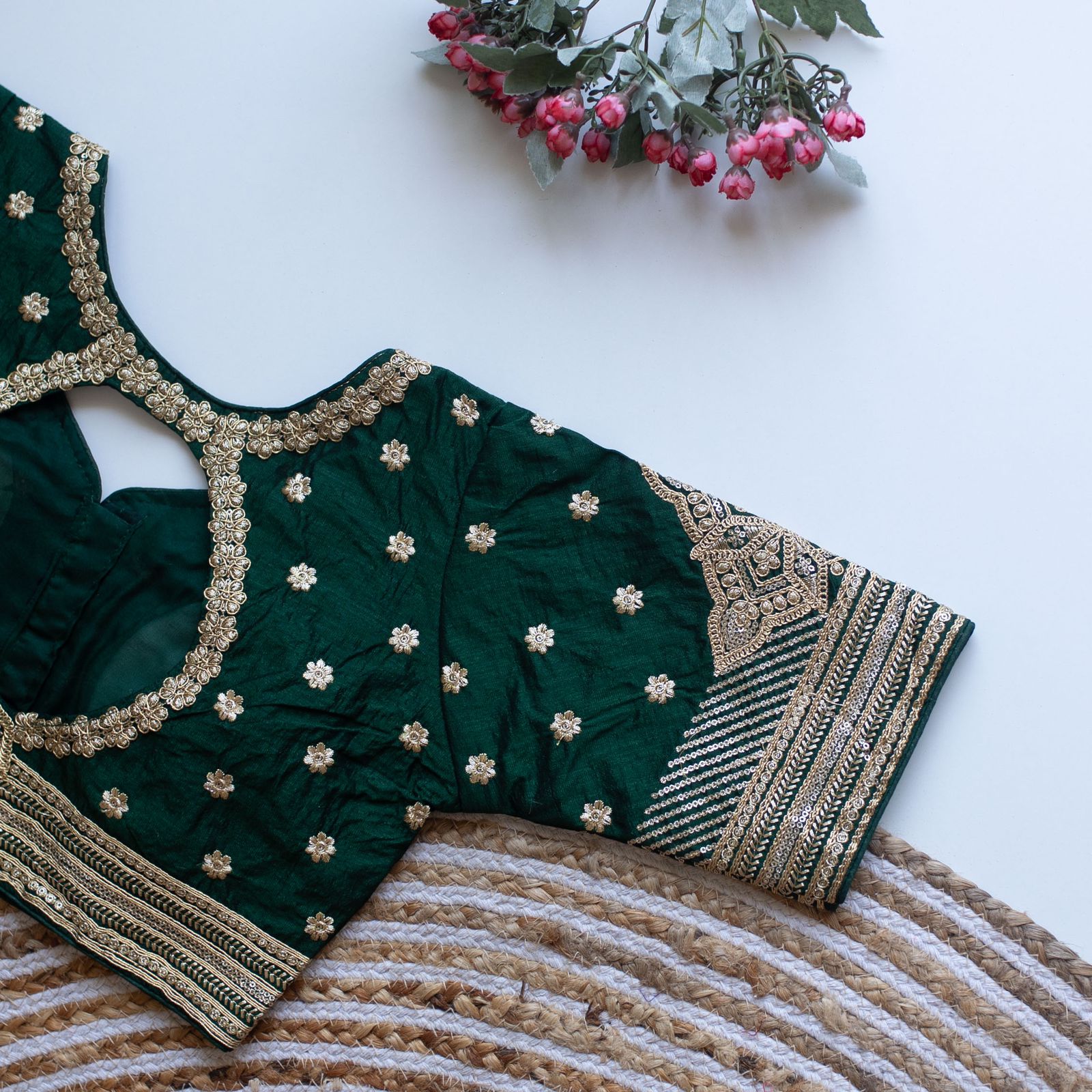 Dark Green Golden Embroidered Blouse with Sequins – Caterpillar Silk Elegance