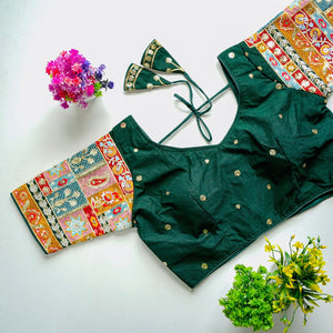 Dark Green Golden Embroidered Seoul Silk Blouse with Sequins
