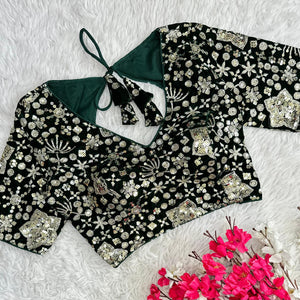 Dark Green Golden Embroidered Velvet Blouse with Sequins
