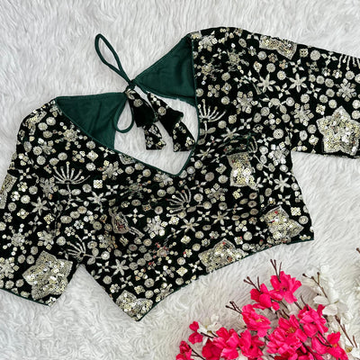 Dark Green Golden Embroidered Velvet Blouse with Sequins