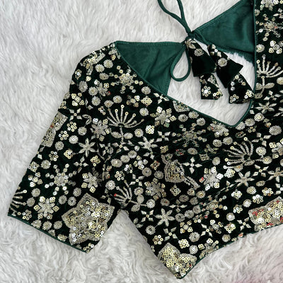 Dark Green Golden Embroidered Velvet Blouse with Sequins
