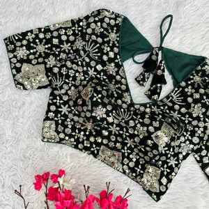 Dark Green Golden Embroidered Velvet Blouse with Sequins
