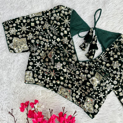 Dark Green Golden Embroidered Velvet Blouse with Sequins