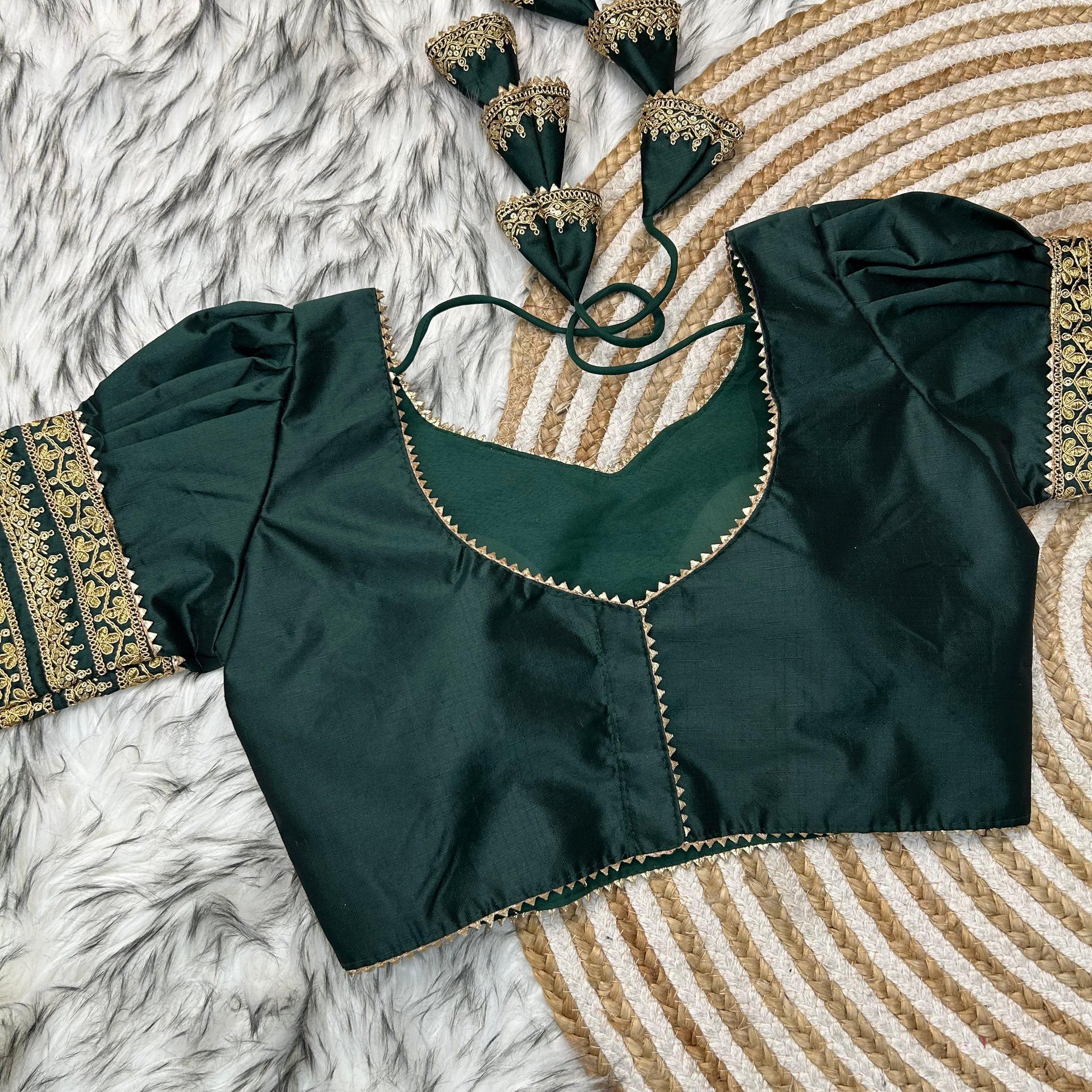 Dark Green Kilmora Silk Blouse with Handcrafted Embroidery and Sequence Accents
