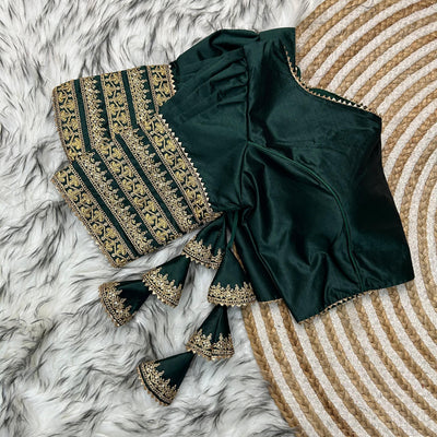 Dark Green Kilmora Silk Blouse with Handcrafted Embroidery and Sequence Accents