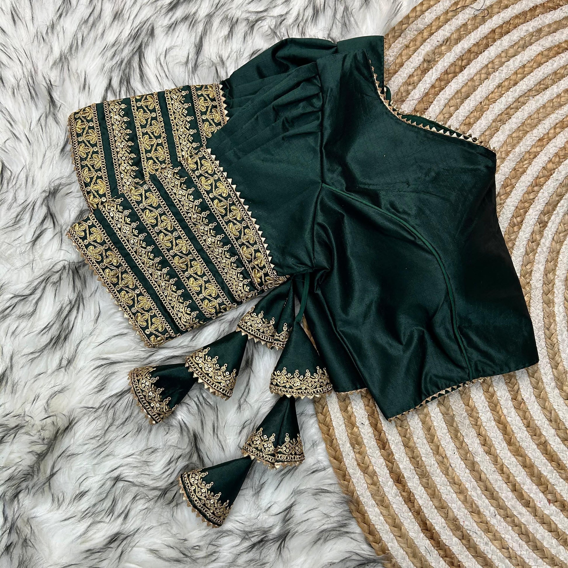 Dark Green Kilmora Silk Blouse with Handcrafted Embroidery and Sequence Accents