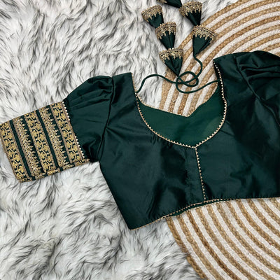Dark Green Kilmora Silk Blouse with Handcrafted Embroidery and Sequence Accents