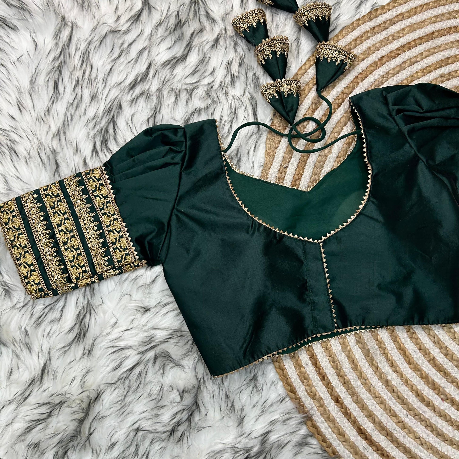 Dark Green Kilmora Silk Blouse with Handcrafted Embroidery and Sequence Accents
